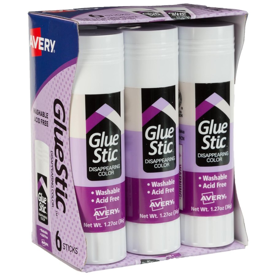 Avery glue sticks, disappearing purple, washable, 1.27 oz, 6 pack