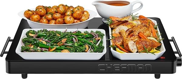 Chefman electric warming tray, large 21" x 16" glass top, adjustable temperature