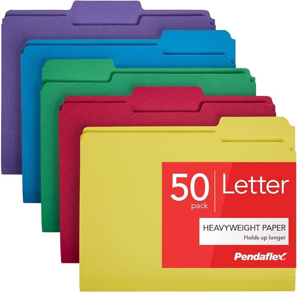 Pendaflex heavy duty file folders, 50 pack, letter size, 5 assorted colors