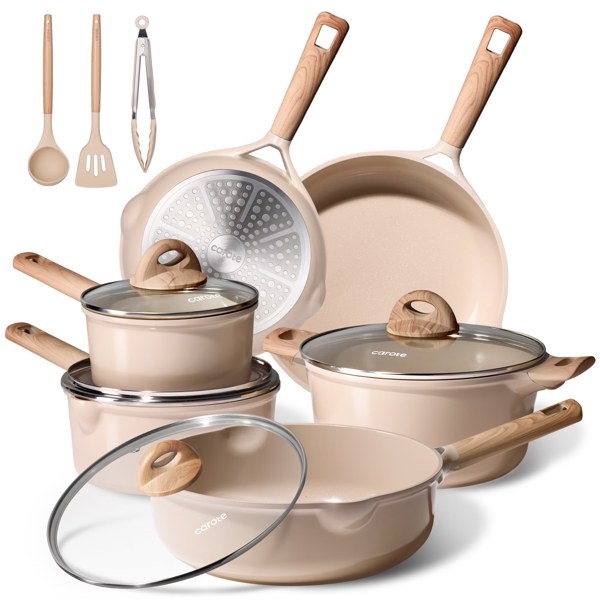 CAROTE 13-piece ceramic nonstick cookware set with lids, taupe