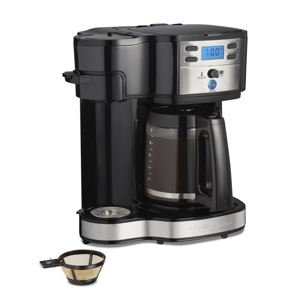 Hamilton Beach 2-Way programmable coffee maker: single-serve pod side plus 12-cup carafe, Black